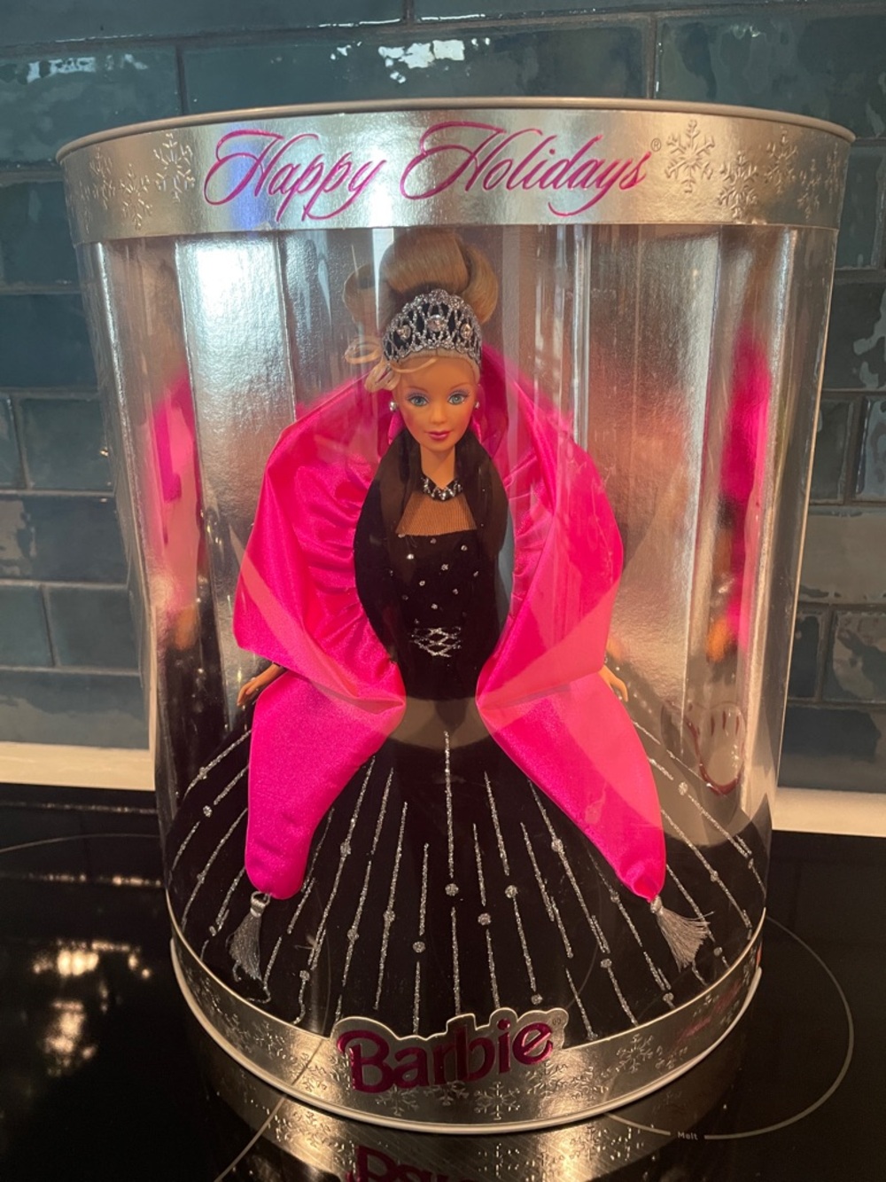 Barbie Black Gown with Hot Pink Cape and Silver Tiara